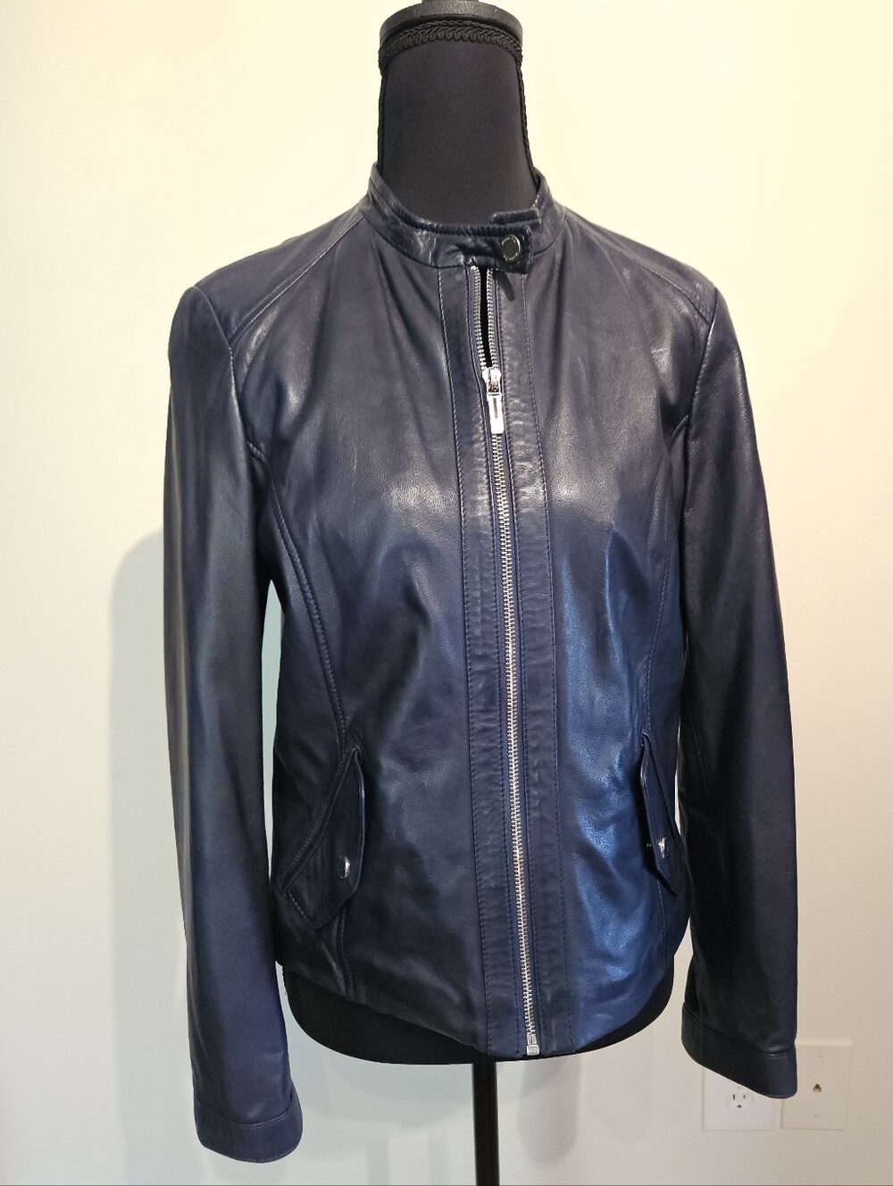 Massimo Dutti Navy Leather Zip-Front Jacket S